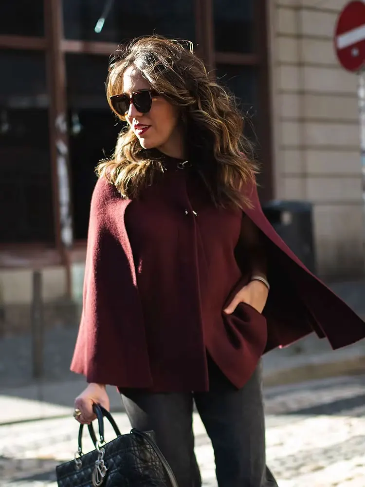 HH Female Elegant Cape Style Jacket Dark Gray O-Neck Long Sleeve Metal Button Knitted Tops Autumn Coats Woman 2024 Trendy