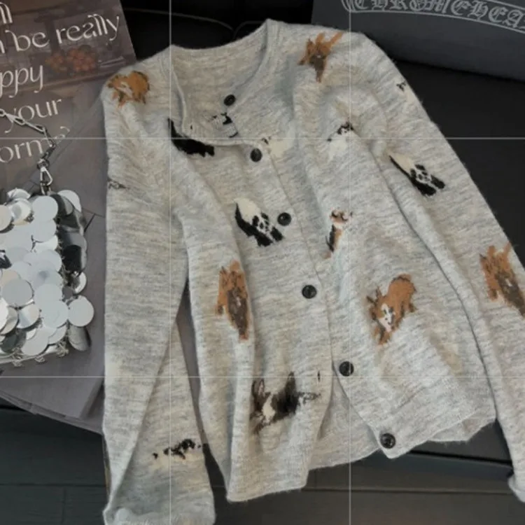 Lazy Cute Dog Print O-neck Cardigan Coat Women 2024 Early Autumn New Knitted Tops Mujer Y2k Long Sleeve Loose Sweaters