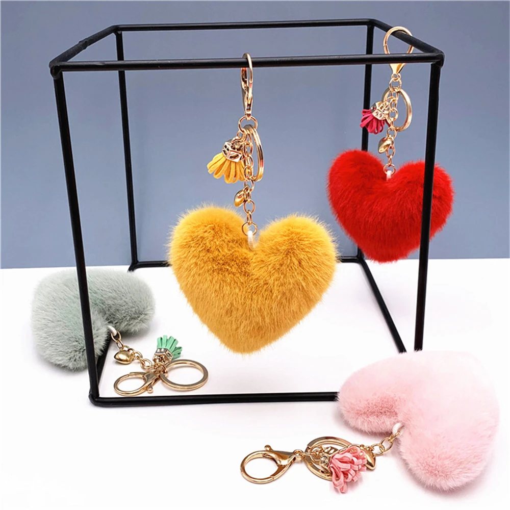 Colorful Heart Pompom Keychain Mini Tassel Pendant for Women Fashion Plush Ball Bag Ornament Car Keyring Accessories Party Gift