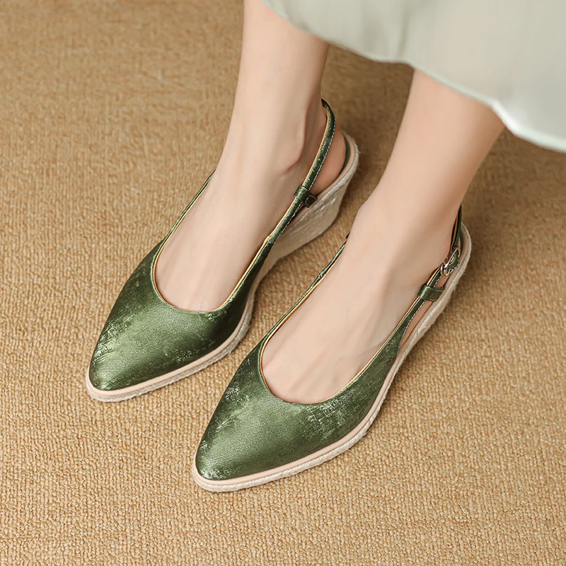 Sandalias de cuña para mujer, sandalias de tacón alto, sandalias elegantes de verano para mujer, sandalias de esparto, zapatos de color verde albaricoque