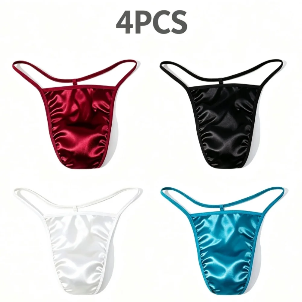 4PCS Satin G-String Single Rope Men Underwear Thongs Solid Color Briefs Ultrathin Satin Thongs T Back Underwear
