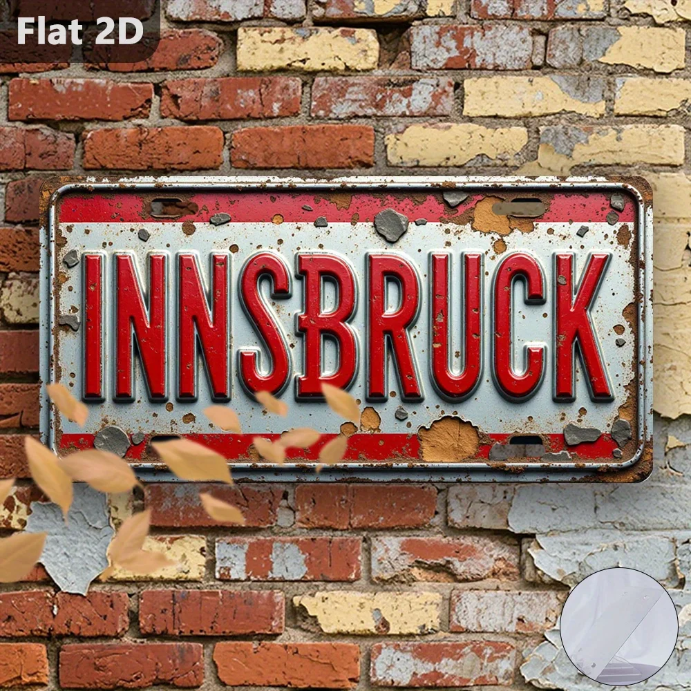 2D Flat – Une enseigne vintage présentant un motif imprimé en 2D, mesurant 30,48 cm sur 14,99 cm, représentant Innsbruck, en Autriche. Ce Ru