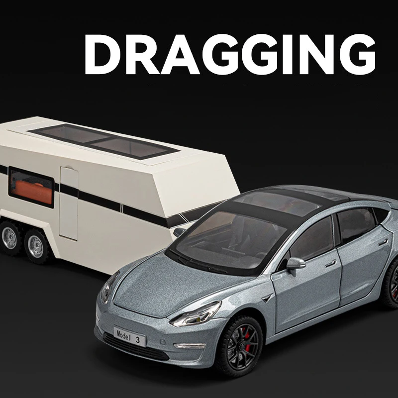

1/24 Model 3 SUV Alloy Trailer RV Car Model Diecast Metal Camper Van Motorhome Touring Car Vehicles Model Sound Light Kids Gifts