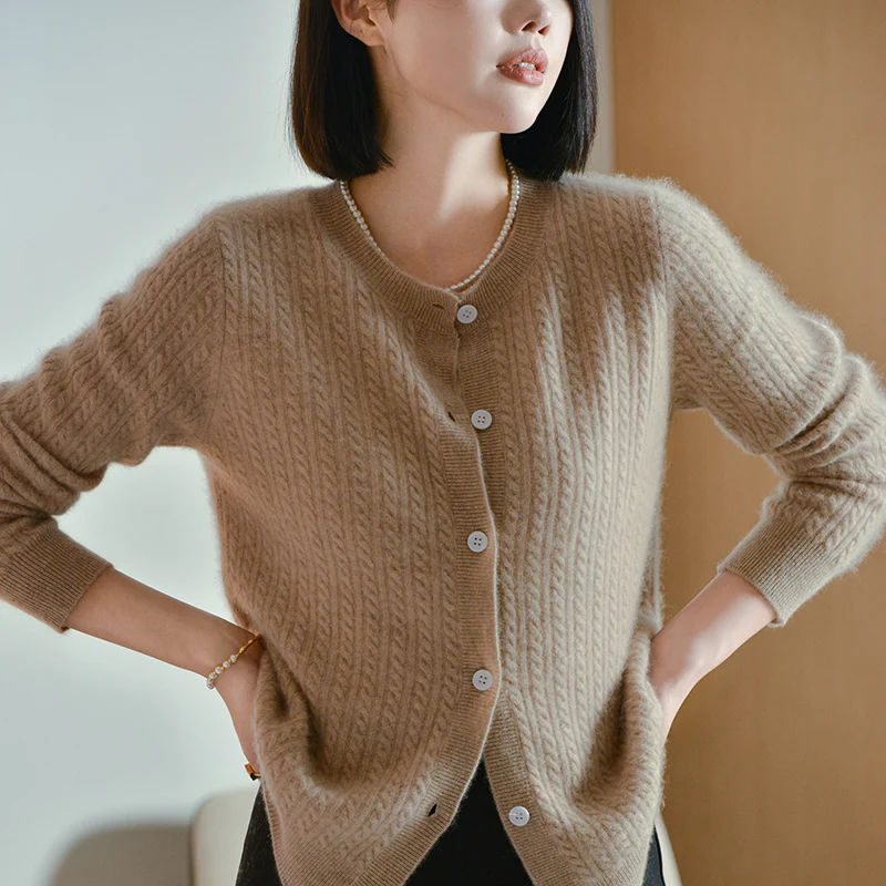 Cashmere sweater autumn/winter new 100% pure wool cardigan casual knitted sweater round neck Tops ladies loose Blouse Coat