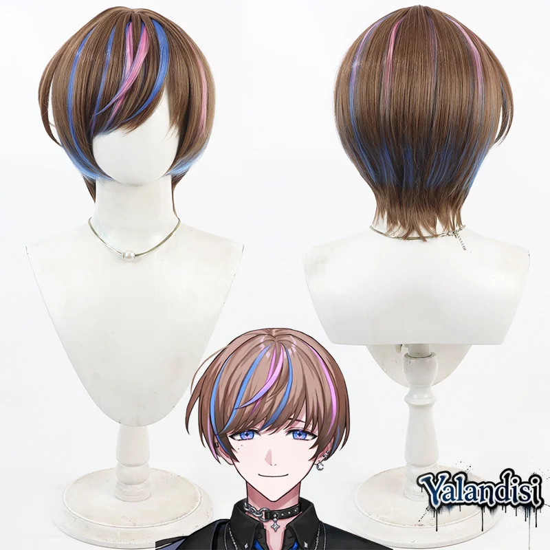 Yalandisi& Virtual YouTuber Idol VTuber Cosplay Brown Hair Highlights Wig Cos Prop Man Women Halloween Carnival Party+Wig Cap