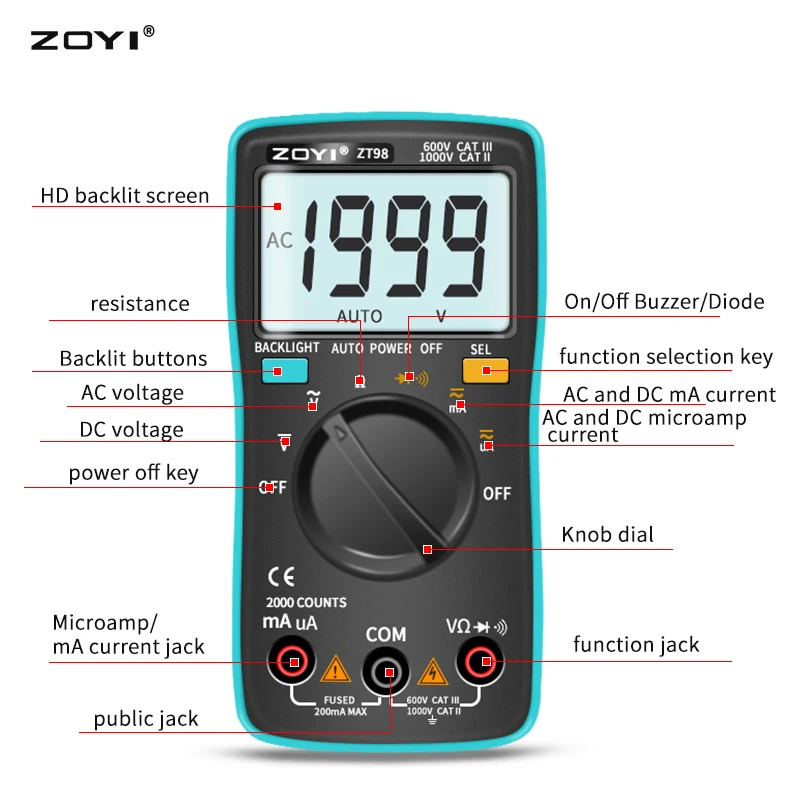 ZT98 piórkowy multimetr cyfrowy Auto-Range NCV AC/napięcie prądu stałego miernik elektroniczny zt-101 multimetru samochodowego