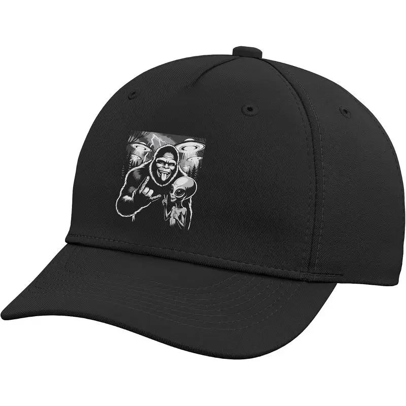 Funny Bigfoot & Alien Sasquatch Rock On Hand Sign UFO Selfie Adjustable Baseball Hat