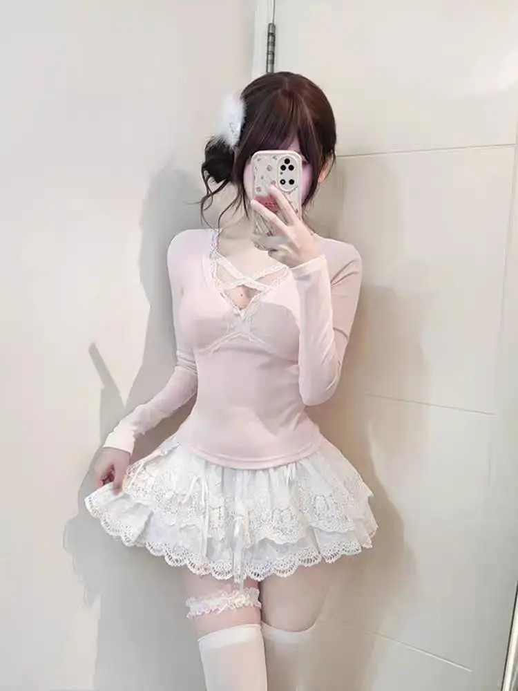 Pink Lace Bow V-neck T-shirt 4