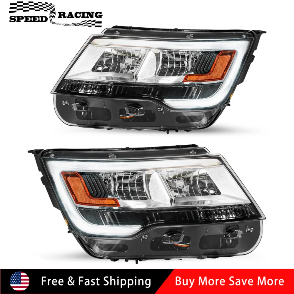 

FB5Z13008B FB5Z13008N 2pcs Front Left + Right Side Headlights Assembly For 2016-2019 Ford Explorer Chrome with LED DRL