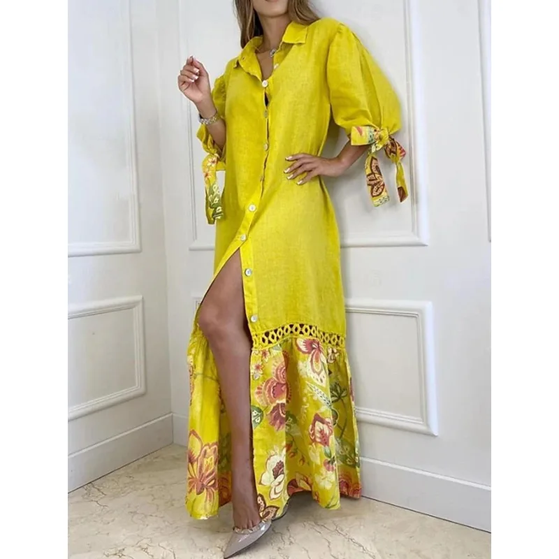 

2025 Autumn Women's Shirt DressFashion Comfortable Casual Cotton and Linen Splicing Lace 7-point Sleeve Long Skirt