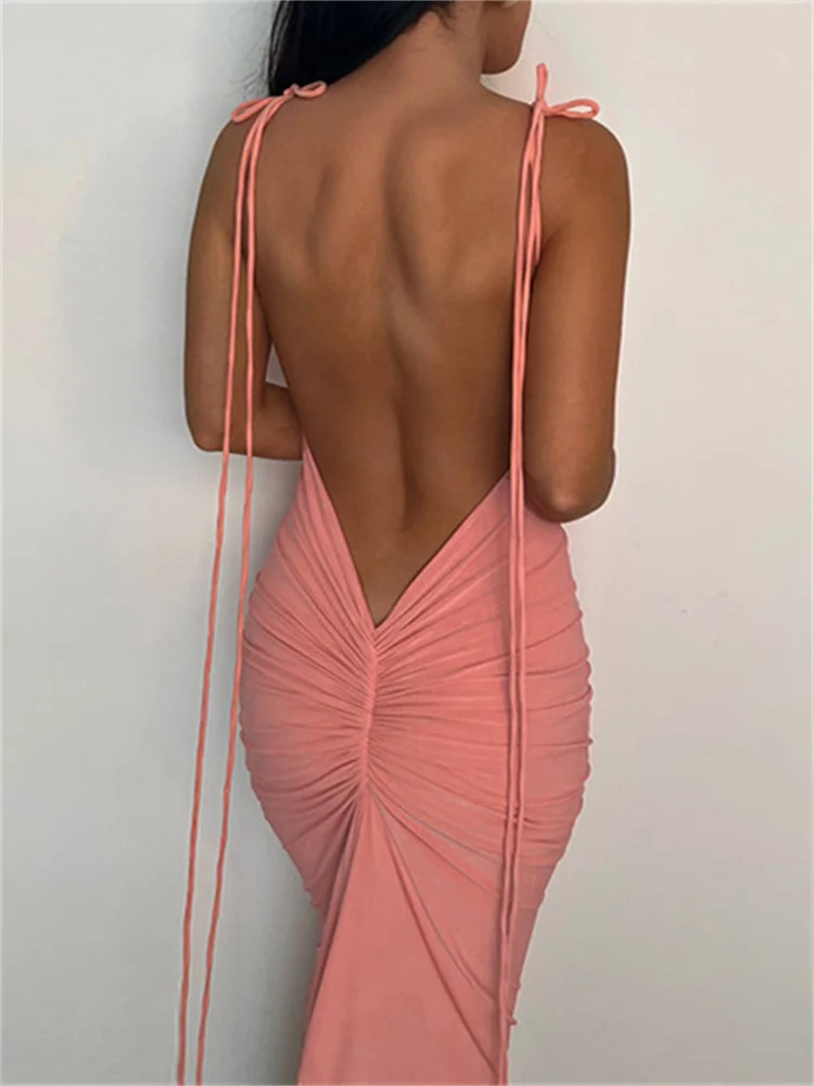 CHRONSTYLE Women Sexy Backless Ruched Long Dress Adjustable Lace-up Strap Slim Dress Elegant Solid Party Female Vestido Clubwear