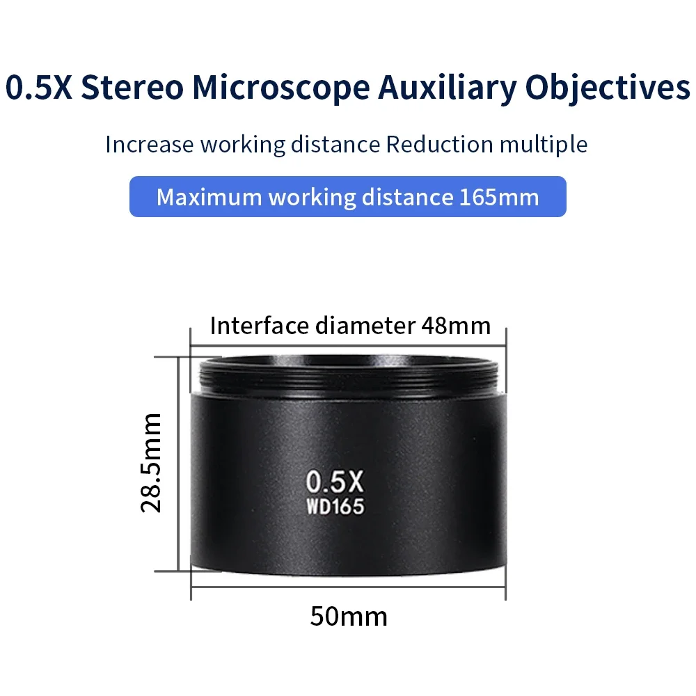 WD165 0.5X Auxiliary Objective Lens 48MM Microscope Barlow Lens For Binocular Trinocular Stereo Zoom Microscope Camera Lens