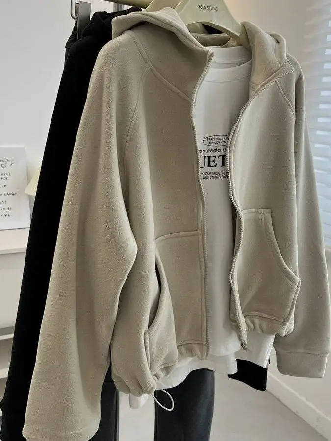 

Женская утепленная толстовка на молнии с капюшоном больших размеров, двусторонняя, в корейском стиле, повседневная зимняя верхняя одежда