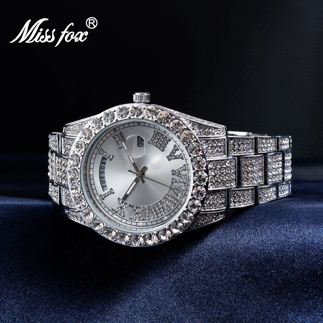 

MISSFOX Relogio Masculino Silver Business Bling Iced Out Diamond Male Quartz Wrist Watch Luminous AAA Stainless Steel Mens Reloj