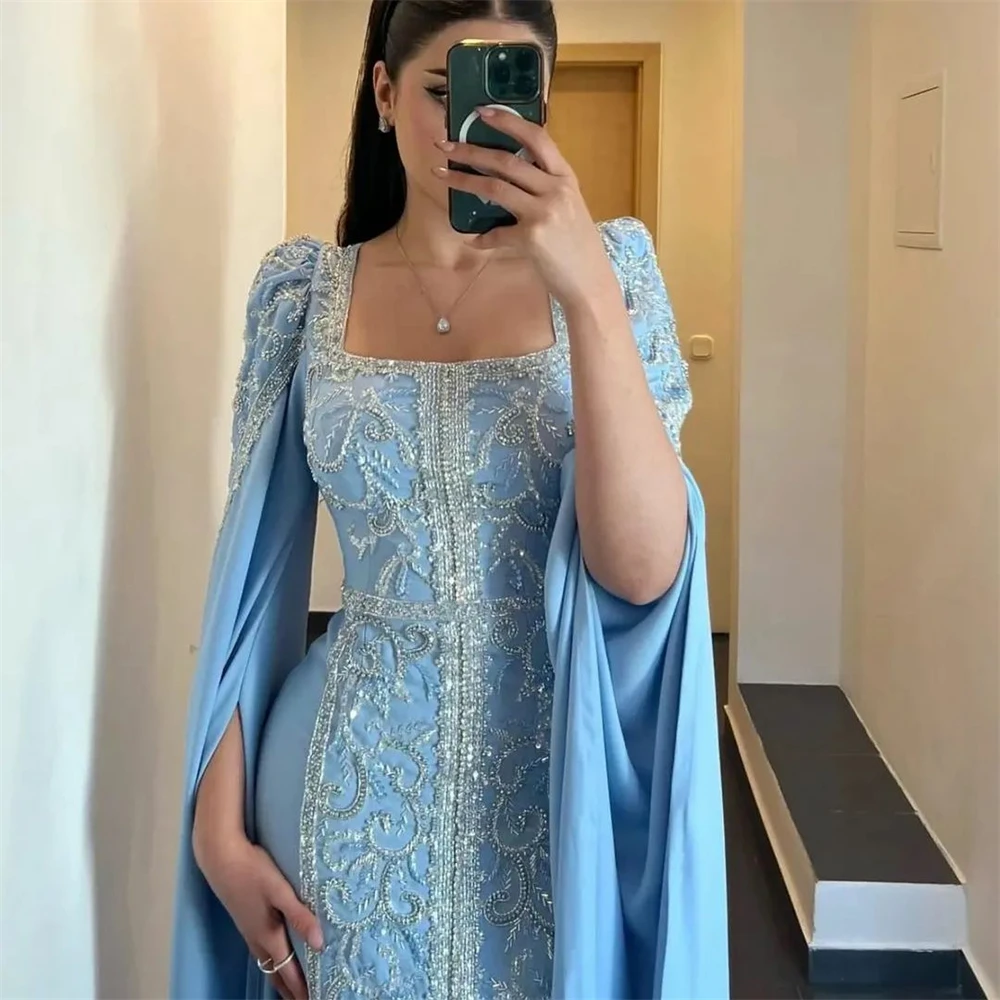 Robe de soirée à volants en jersey d'Arabie saoudite, robes mi-longues perlées, Quinceanera A-Line, encolure carrée, occasion sur mesure