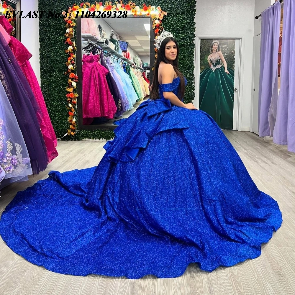 EVLAST Customized Shiny Royal Blue Quinceanera Dress Ball Gown Applique Crystal Beaded Bow Sweet 16 Vestido De 15 Anos E3Q418