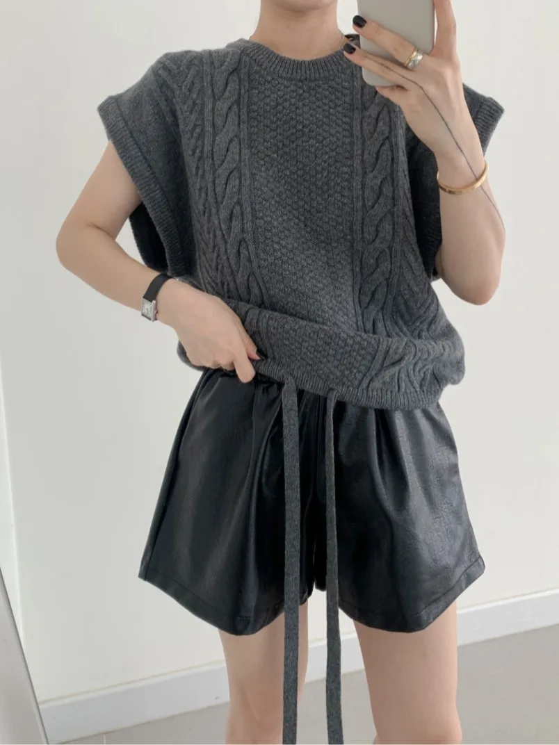 

Chic Autumn New Retro round Ne Knitted Vest Sweater Women Dstring Bot Design ort Sve Sweet Sle Pure Color