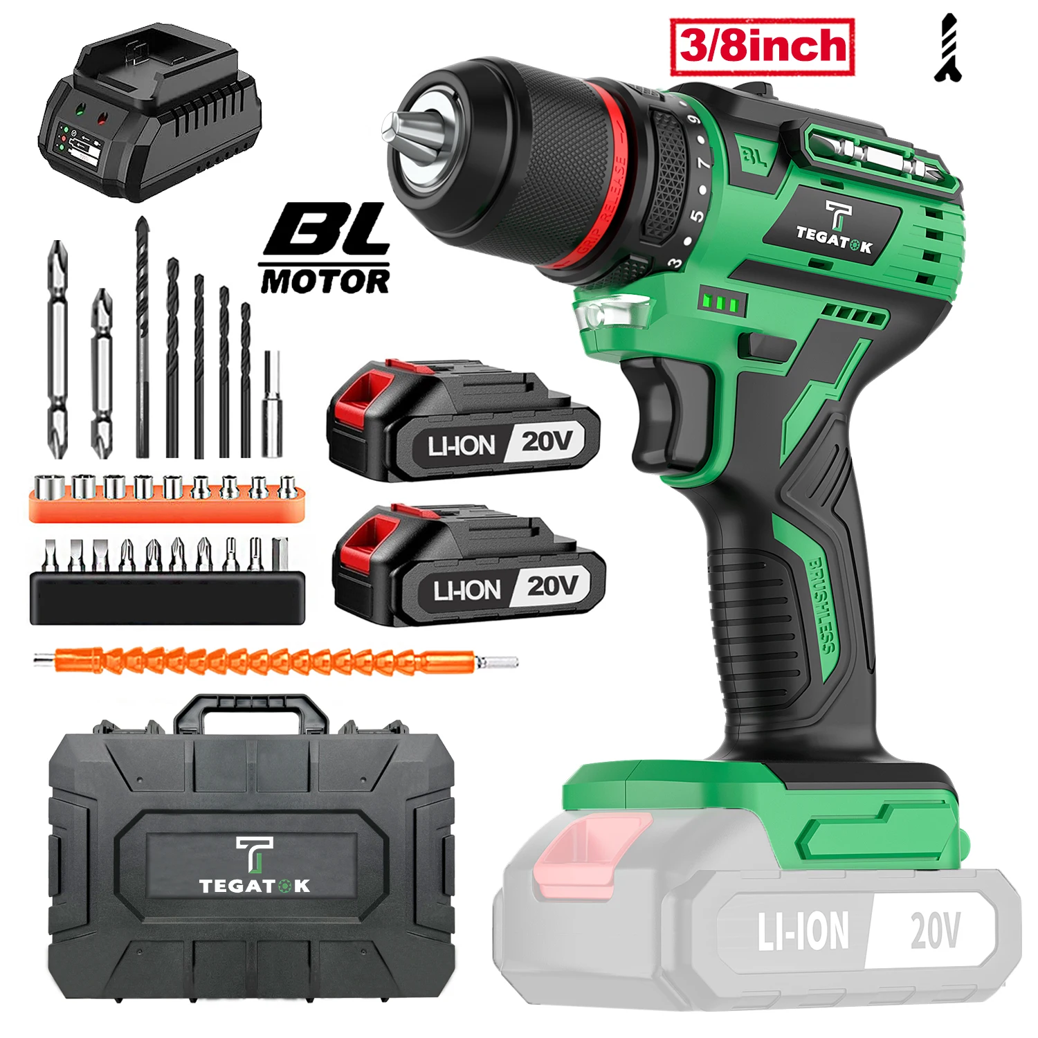 Tegatok 20V Cordless Brushless Drill Set, Rechargeable Drill With 2Ah Battery, 3/8-inch Keyless Chuck