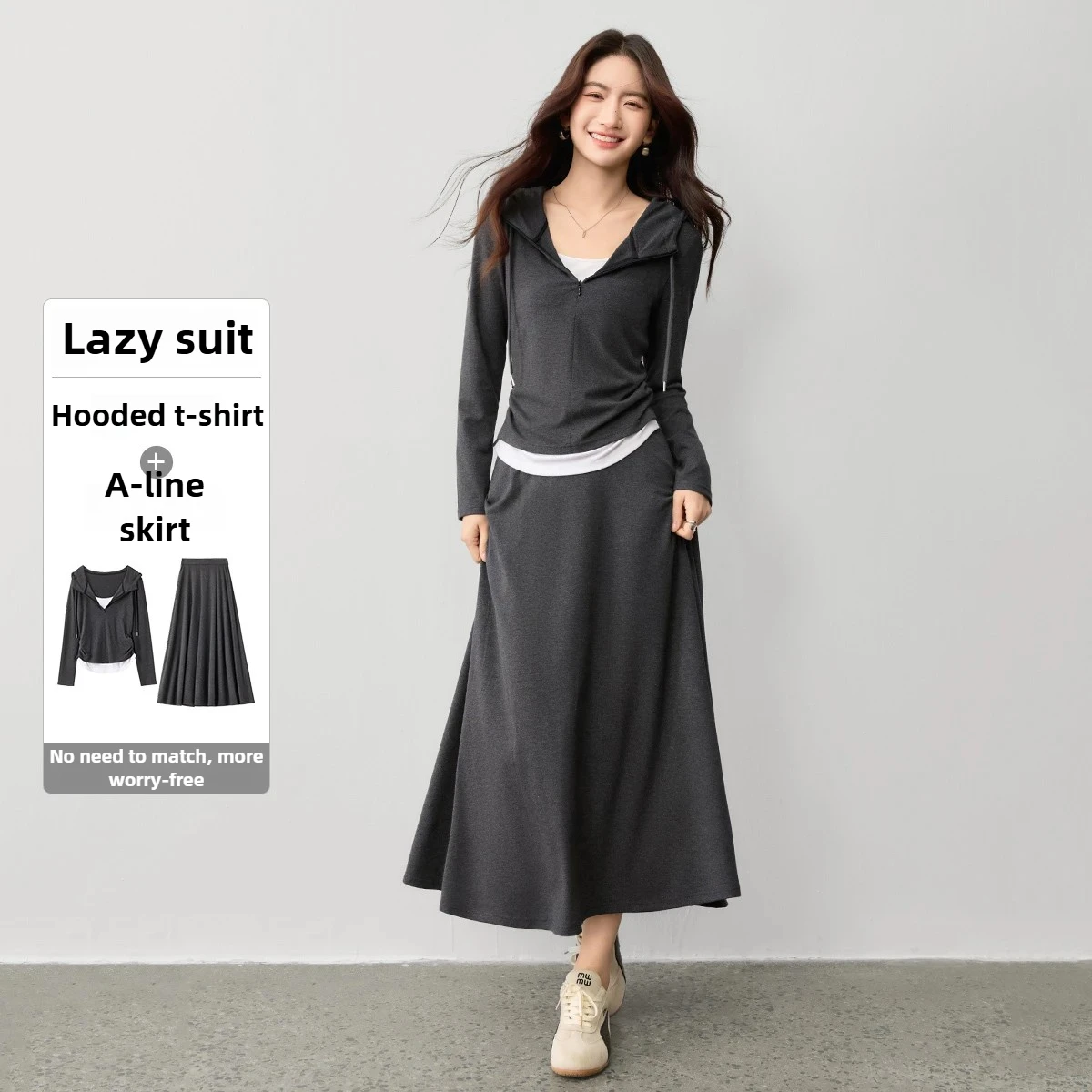 SENTUBILA-Conjunto de falda informal para mujer, camiseta de manga larga falsa de dos piezas con cordón, faldas acampanadas elásticas, otoño 2025, 153ZF2837