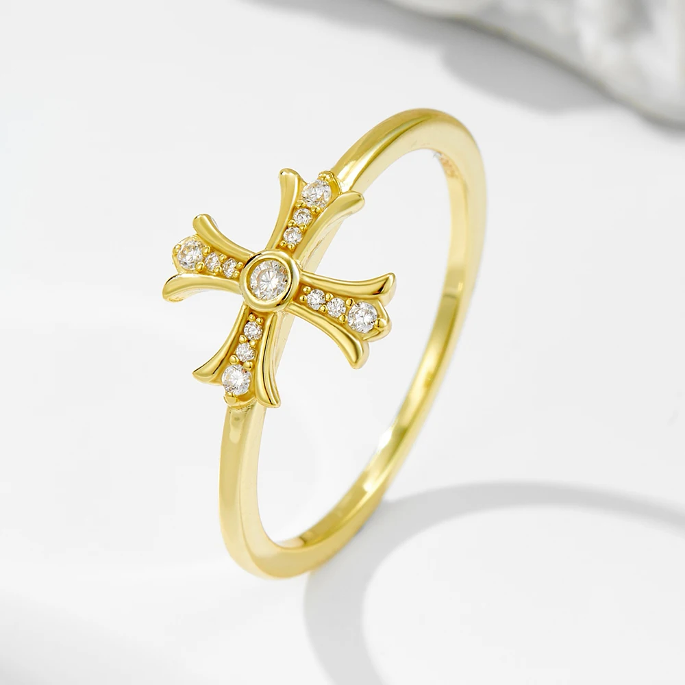 

FULSUN Minimalist Religious Cross CZ Ring 925 Sterling Silver 14K Gold Plated Fashion Ring