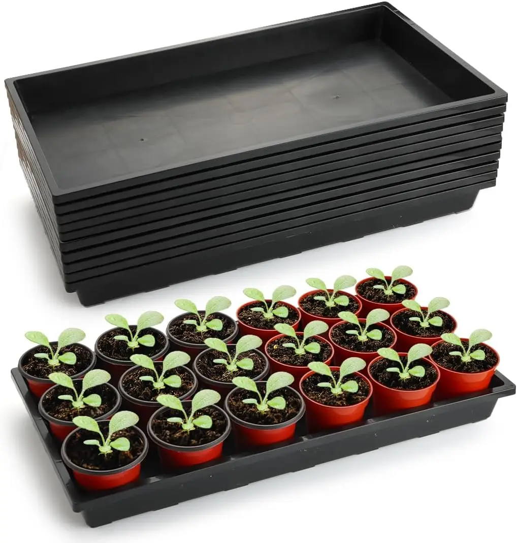 

10 Pack Flat Seed Starter Trays, Plastic Nursery Pots for Planting, Durable Carrying Seedling Tray in Black