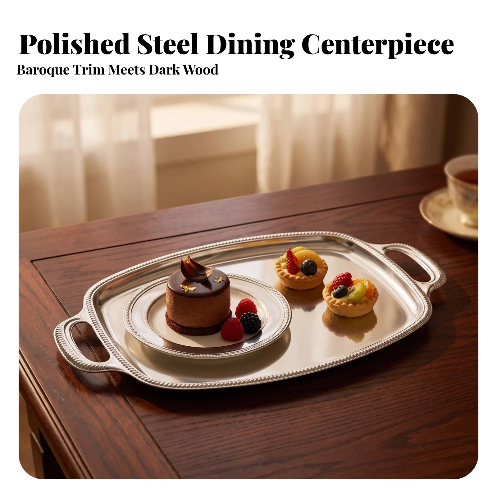 Serving Tray with Handles Silver Serving Platter with Handles Stainless Steel Tray Modern Multipurpose for Hosts, Parties