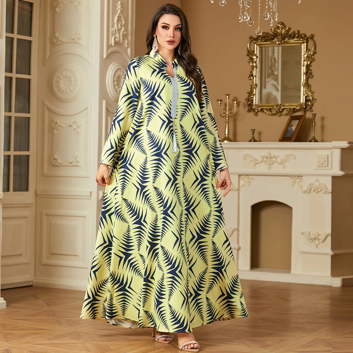 

4259 Arab Robe Women's Digital Print Muslim Long Sleeve Dress Muslim Long Dress Robe Abaya Ramadan Dubai Luxury Islam Elegant