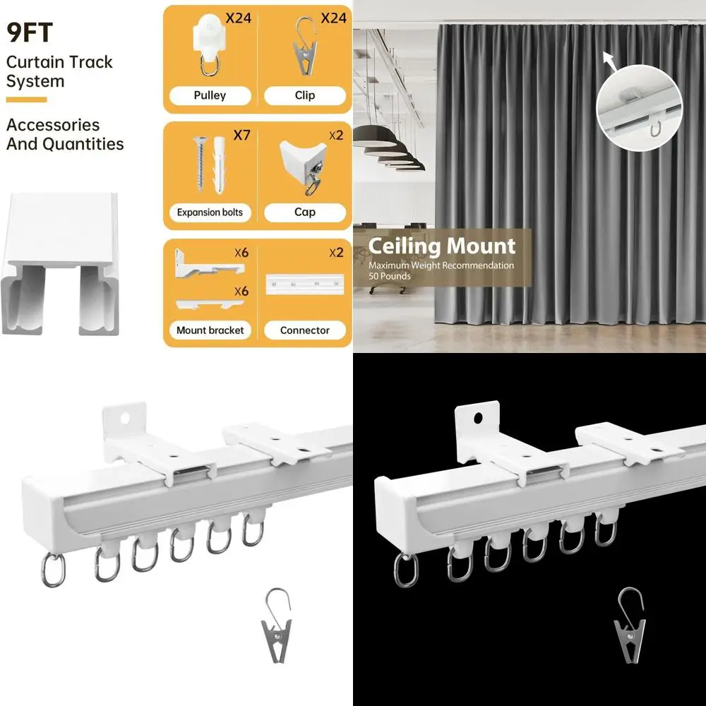 

Extra Long Ceiling-Mounted Curtain Track for Living Room, Bedroom, and Patio with Clips, White 9ft