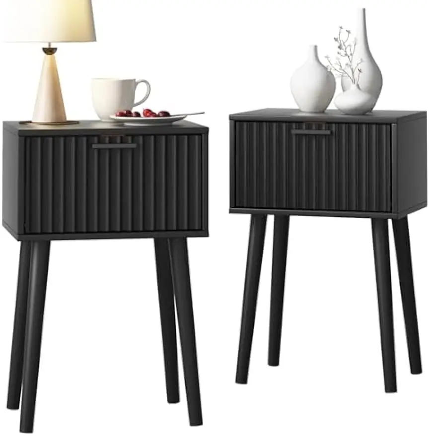 

Modern Nightstand Set of 2 with Fluted Door, Solid Wood Feet, Minimalist Bedside Table for Small Spaces (Black)
