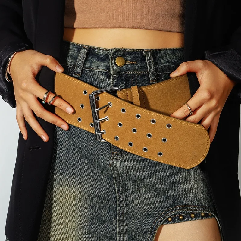 European American Fashion Eyelet Three-Row Buckle Earth Tone Suede Waist Belt Trendy High-End Versatile Punk Women’s Belts