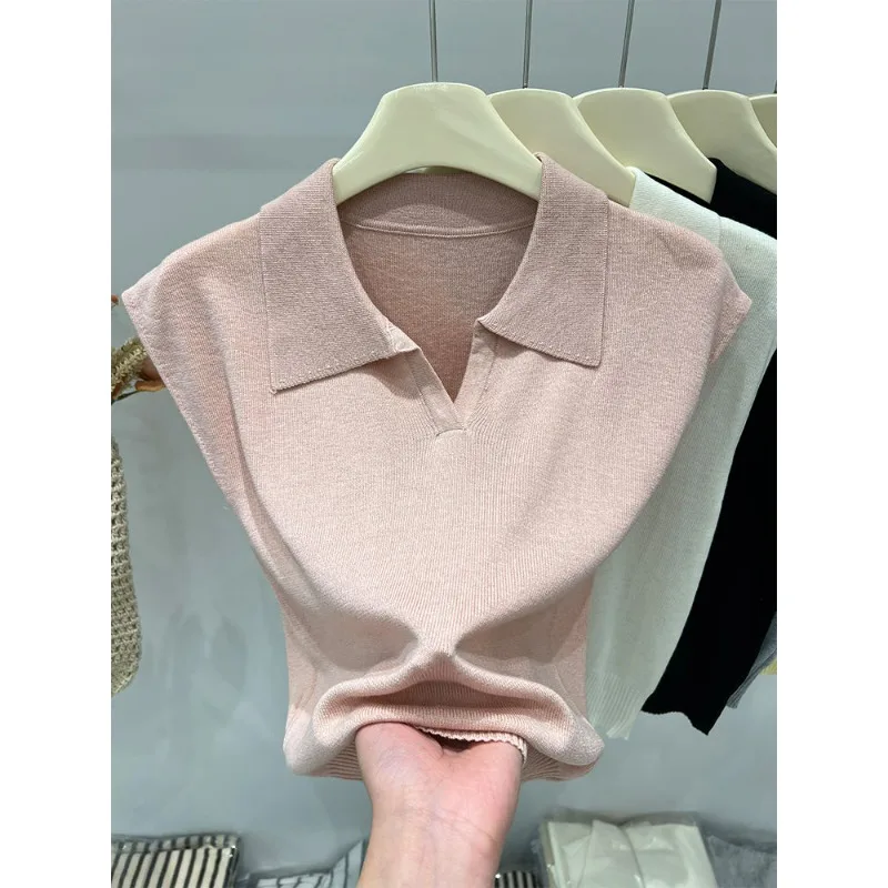 French Style Lapel Gray Short-sleeved Knitted Sweater Vest Women's 2025 Spring Summer Slim-fitting Versatile Sleeveless Top