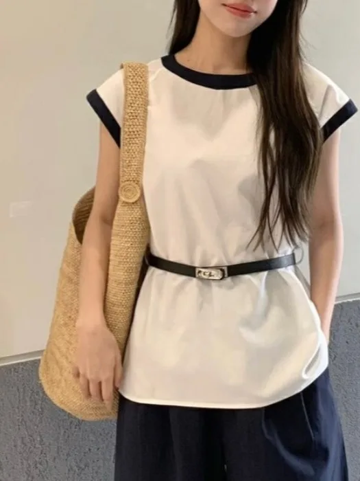 

Chic Korean Sle Svel round Ne irt Women's Summer New Top with Belt Ele Personali High-End Feeling irt