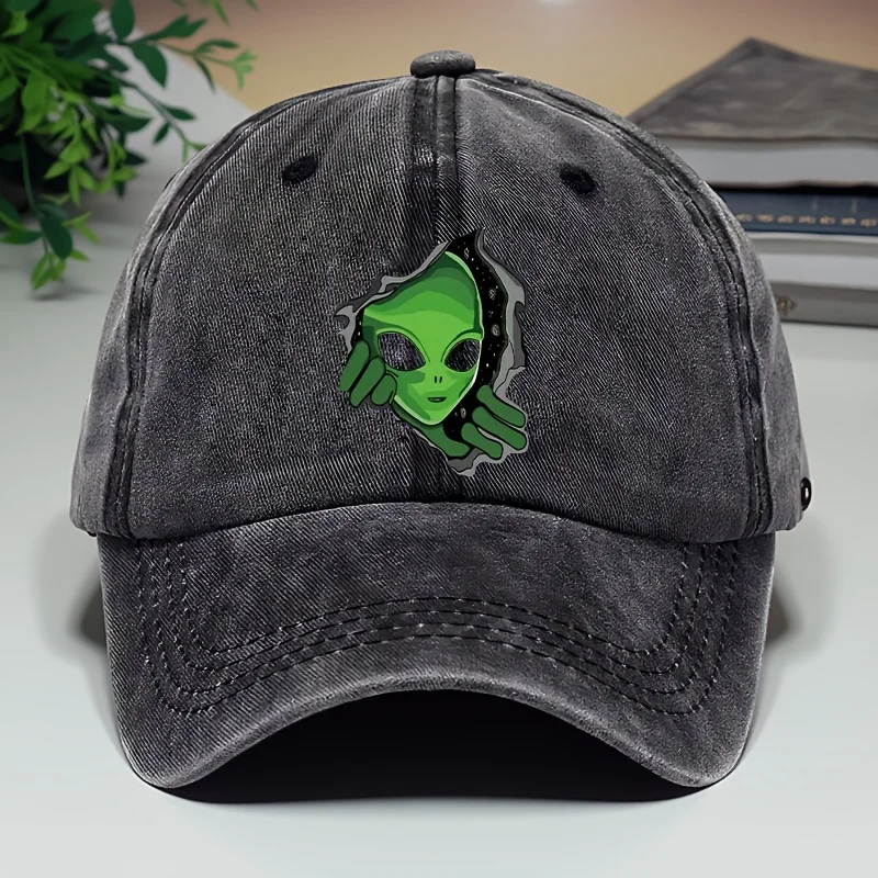 

Alien-Themed Baseball Cap - Vintage Washed Hat, Distressed Sunshade Cap Featuring a Green Alien Design, Adjustable Fit, Perfect