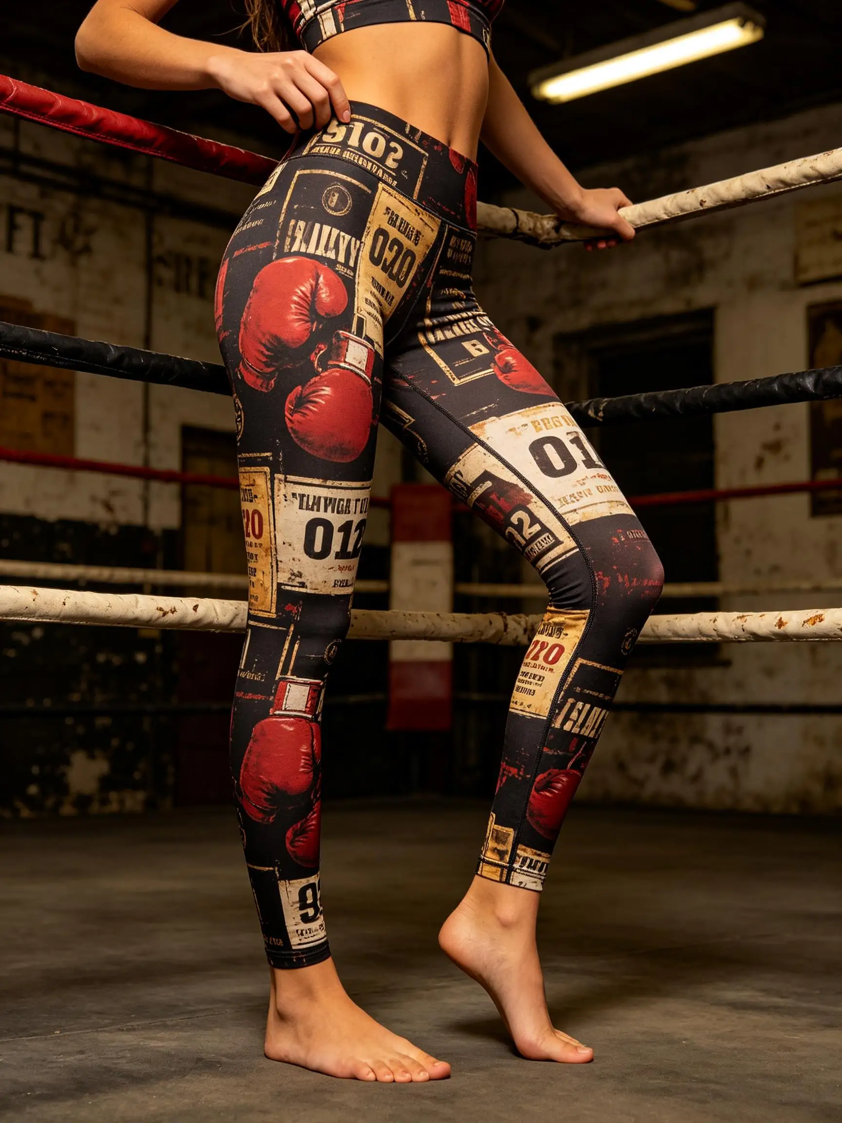 Women Fleece-Lined Mid-Rise Leggings Vintage Boxing Glove Print Slim Fit Stretch Warm Casual Pants