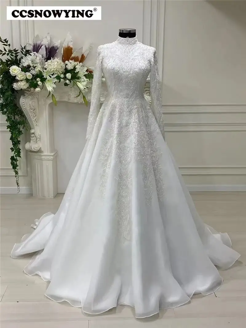 

Luxury Appliques Beaded Muslim Wedding Dress for Bride Long Sleeve Islamic Bridal Gowns High Neck Women Arabic Robe De Mariée