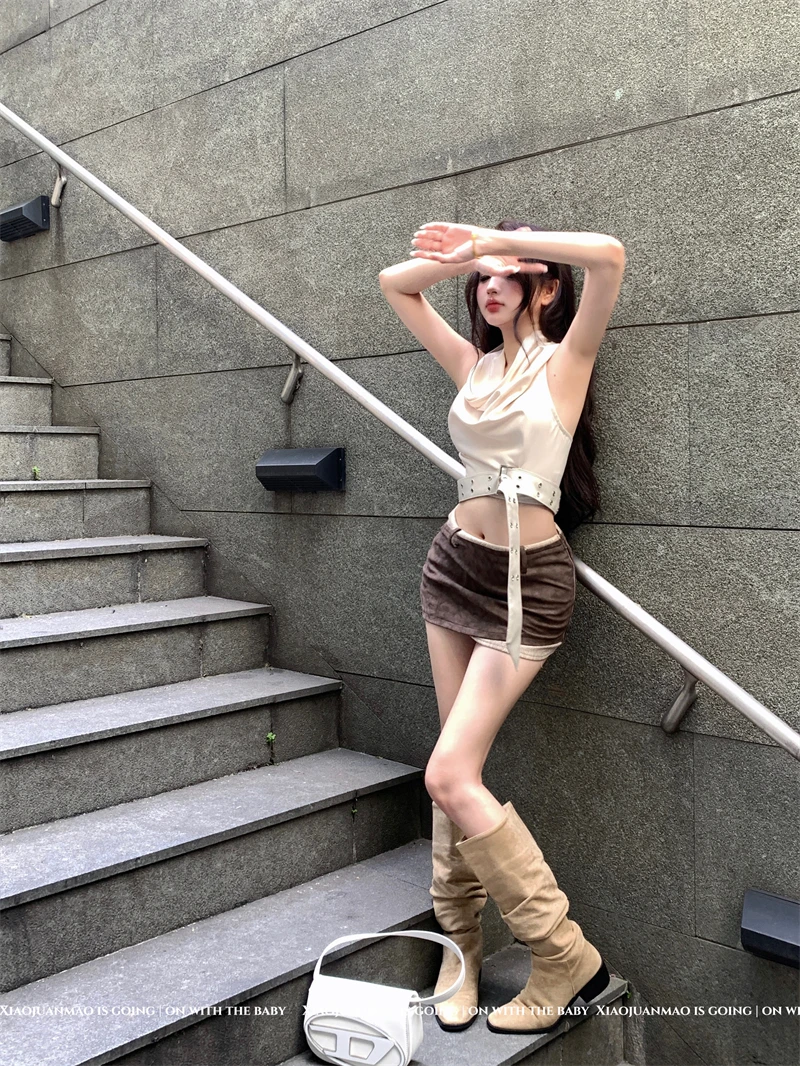 สไตล์ฝรั่งเศสสาวร้อนชุดสตรีฤดูร้อน Halter คอ Tank Top เอวสูงกระโปรงมินิ 2 ชิ้นชุดแฟชั่นเสื้อผ้าหญิง