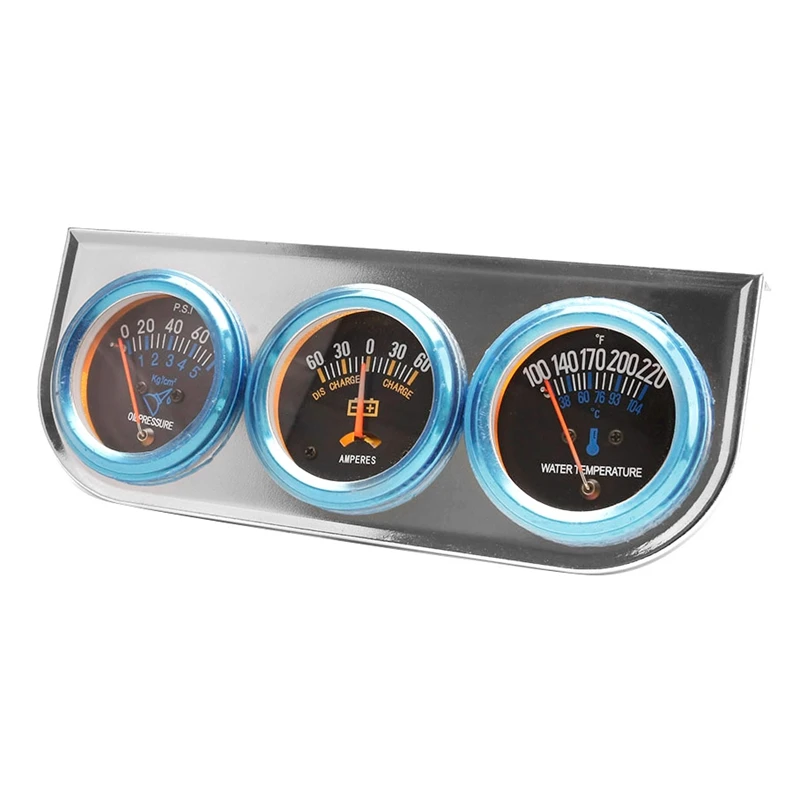 52Mm Chrome Car Triple Gauge Meter Ammeter Water Temperature Oil Pressure 3-In-1 Combo Kit