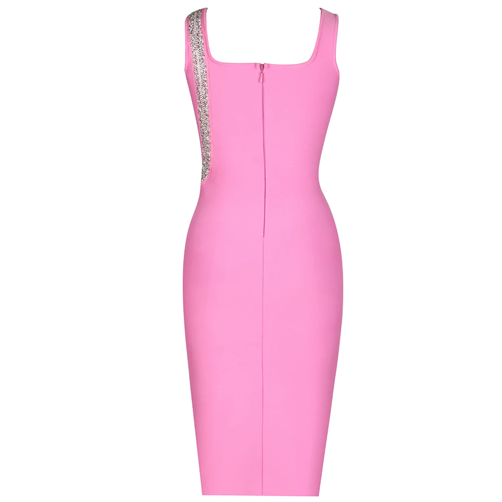 New Pink&Black Bodycone Bandage Dress For Women Chic Sleeveless Flash Snake Shape Diamond Embellished Luxury CelebrityParty Gown