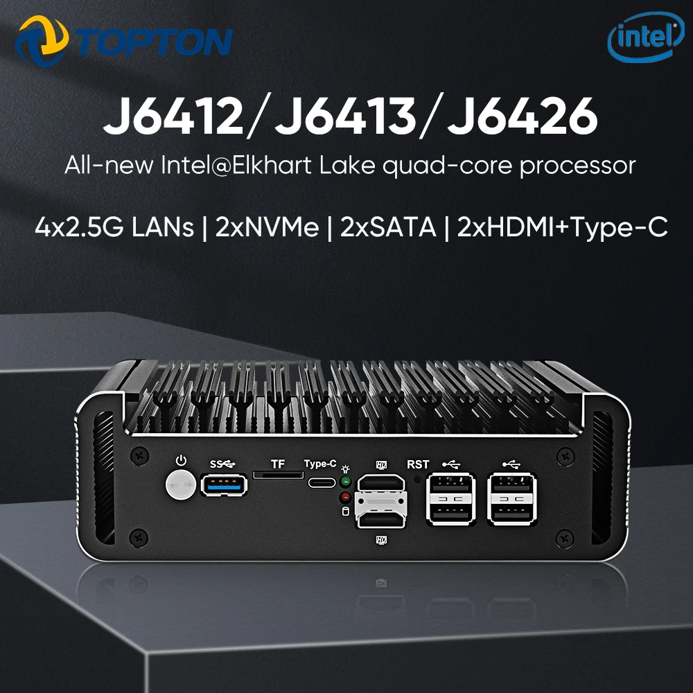 Topton 4x2.5G LAN Fanless Firewall Mini PC Intel Celeron J6413 J6412 NAS Computer Server 2xM.2 NVMe 2xSATA 1xTF Type-C 5xUSB