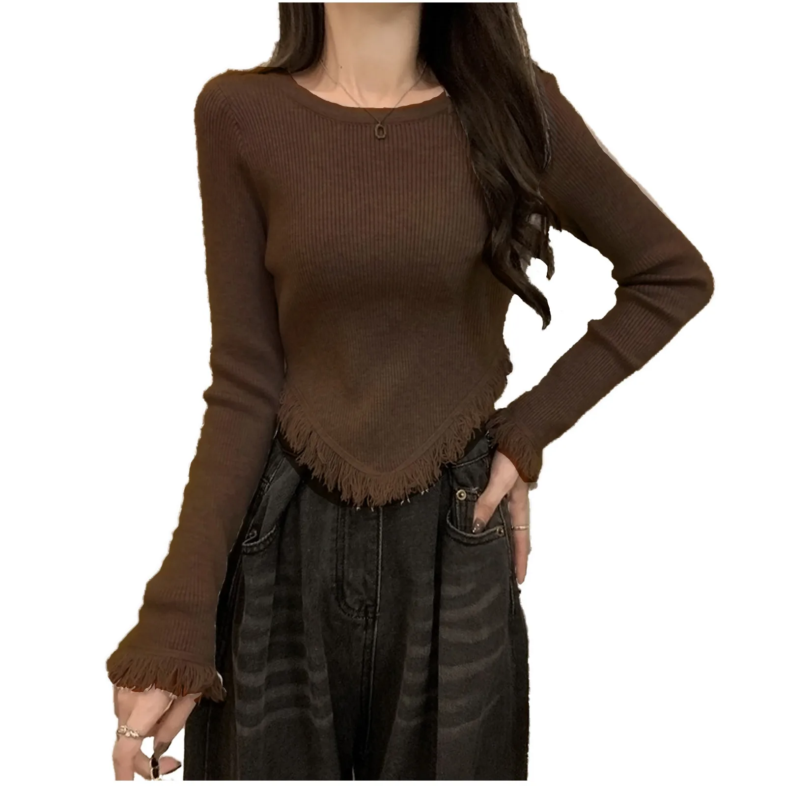 

Women'S Chic Fringe Fashion Sweater Women'S Autumn And Winter Warm Knitted Base Shirt Irregular Short Slim-Fit Simple Top