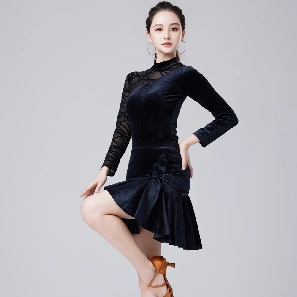 Suit Practice Wear Latin Dance Dress Competition Velvet Line Dance Costume Long Sleeves Stage Clothes Navy Blue V-neck Samba Use