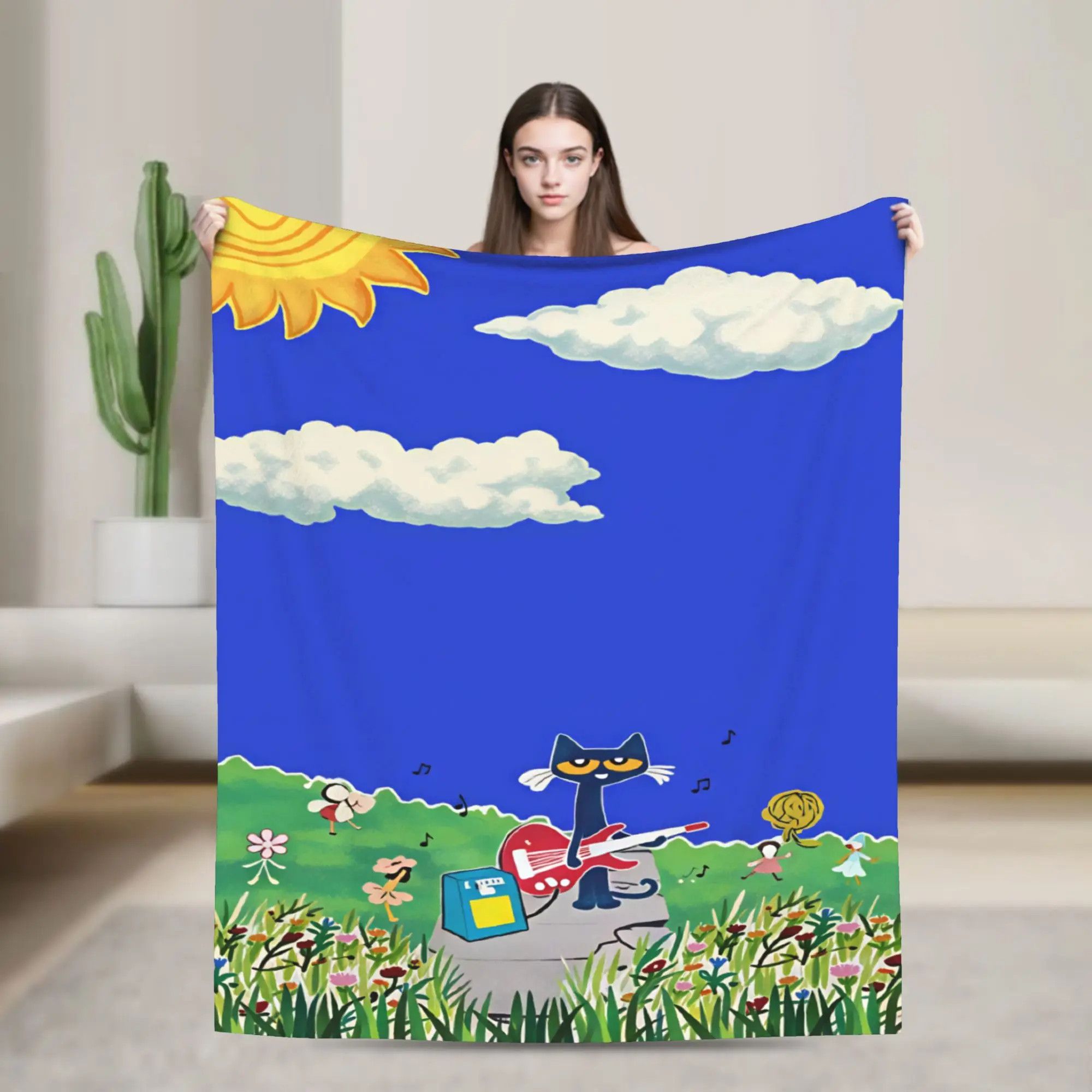Warm Soft Blanket Pete The Cat I Love My White Shoes Cool Throw Blanket  Flannel Bedspread For Couch Chair Fluffy Sofa Bed Cover