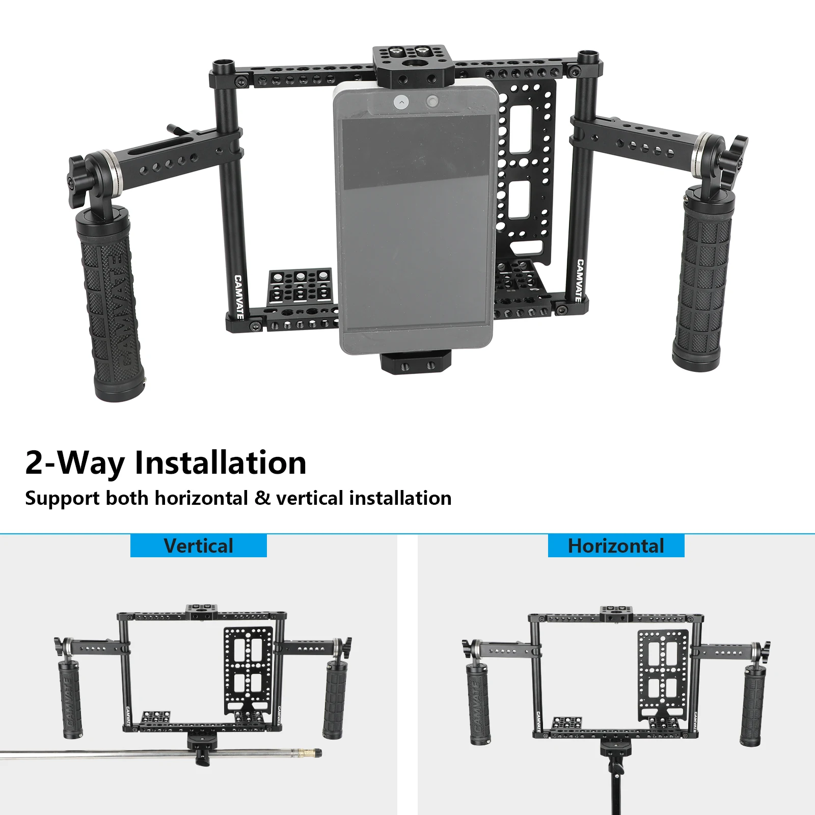 CAMVATE 7inch Monitor Cage Kit with Dual Rosette Mount Rubber Handgrips With 15mm Support Rods For  Adjust Height Monitor Cage