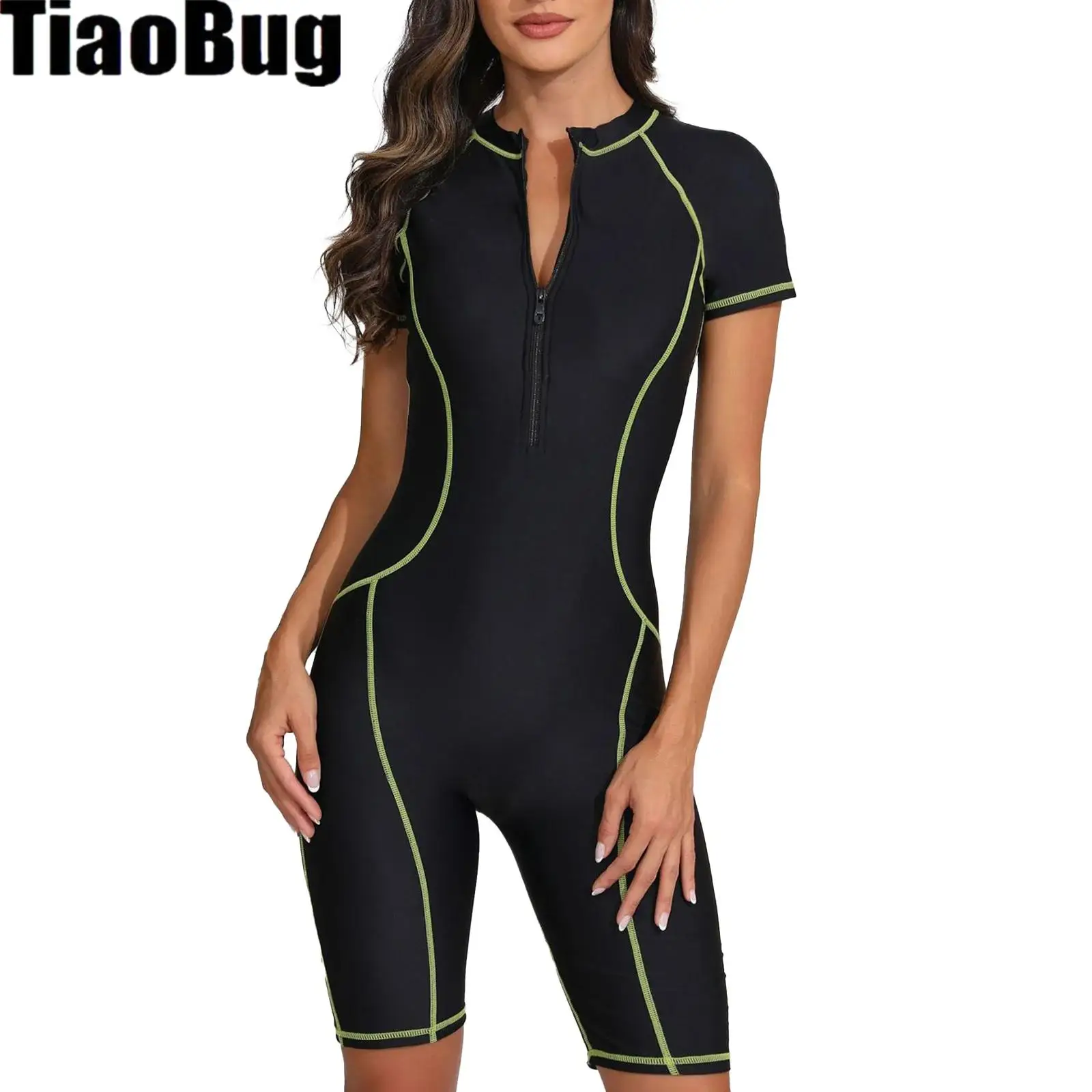 

Women One-piece Athletic Swimsuit Short Sleeve Color Contrast Padded Front Zipper Swimwear Beach Surfing Suit Rash Guard
