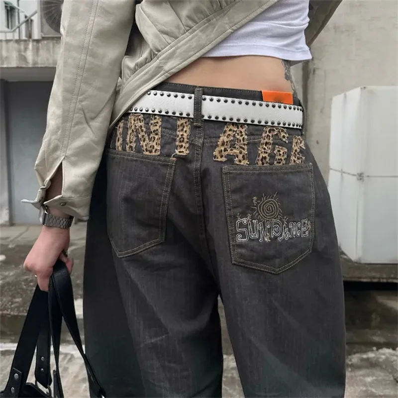 

Cool Casual Leopard Print Patchwork Denim Jeans High Waist Loose Fit Black Cotton High Elasticity Four Seasons Women's Jeans