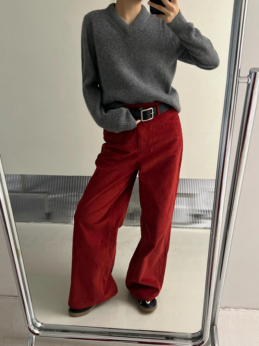 ReddaChic Women's Velvet Wide Pants New Year Party Vintage Red Plain Clean Fit High Waist Trousers Work Casual Everyday Wear