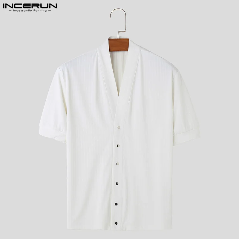 INCERUN Men T Shirt Solid V Neck Short Sleeve Button Casual Men Clothing Streetwear Summer Korean 2024 Stylish Tee Tops S-5XL