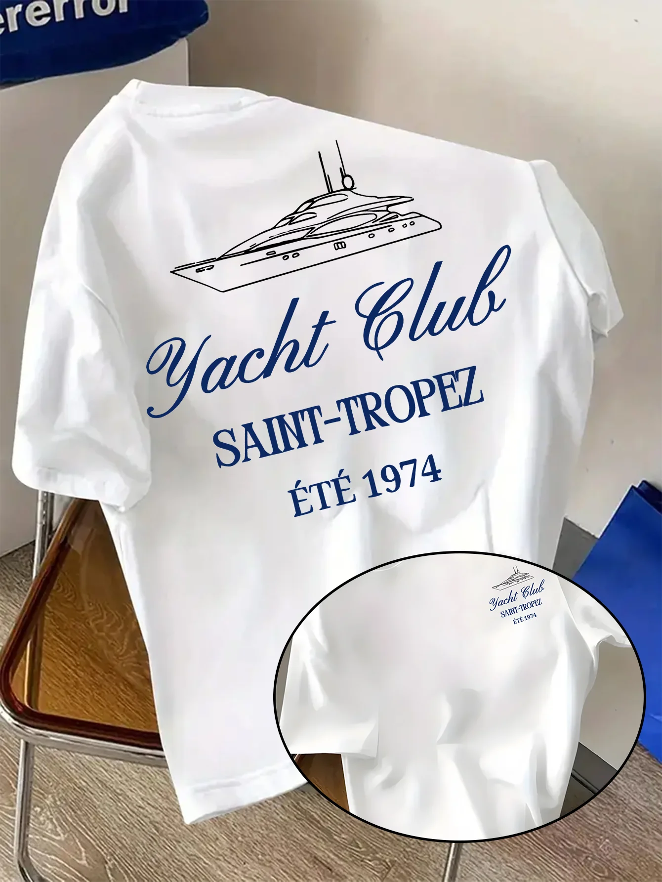 Camiseta de Verano para Hombre, Estilo Retro, con Estampado de Letras del Club de Yates, 100% Algodón Puro, Cuello Redondo, Transpirable, para Vacaciones, Manga Corta