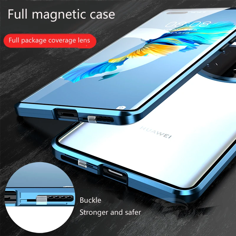 Double Sided tempered Glass Snap Lock Metal Magnetic Phone Case For Huawei Mate 50 40 30 Pro Full Lens Protection Cover cases