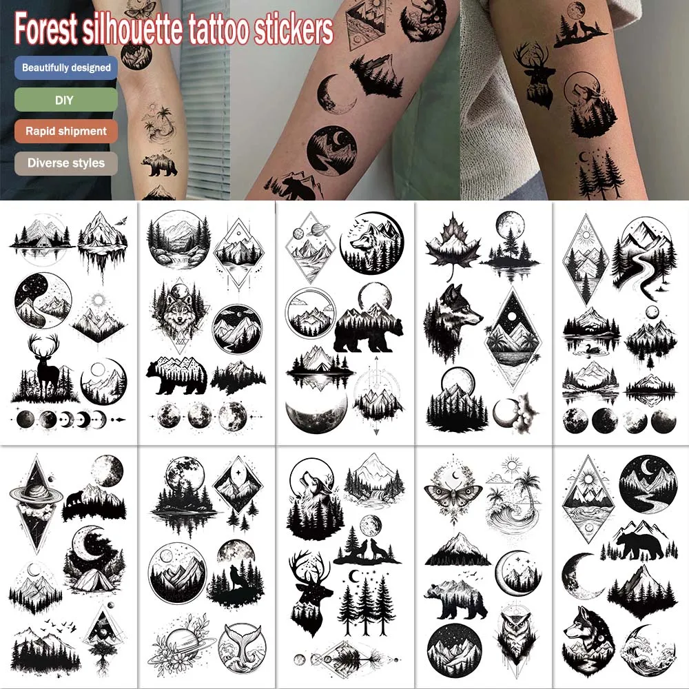 

10pcs/set Forest Silhouette Tattoo Sticker Vintage Body Decoration Temporary Tattoo Stickers